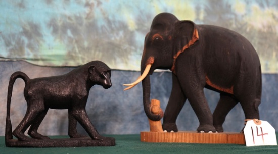 African Wood Hand Carved Baboon and Elephant Decorations