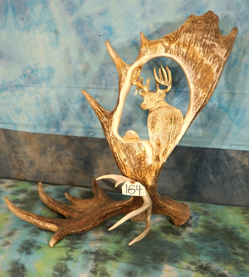 Unique Moose Antler Carving with a Big Whitetail Buck Carved into the Palm