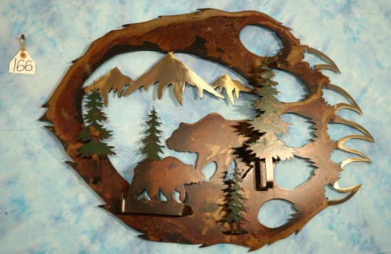 Metal Art of Grizzly Bears in a Mountain Habitat Scene