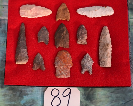 (11) Authentic Paleo Points and Tools Arrowheads in Display Case
