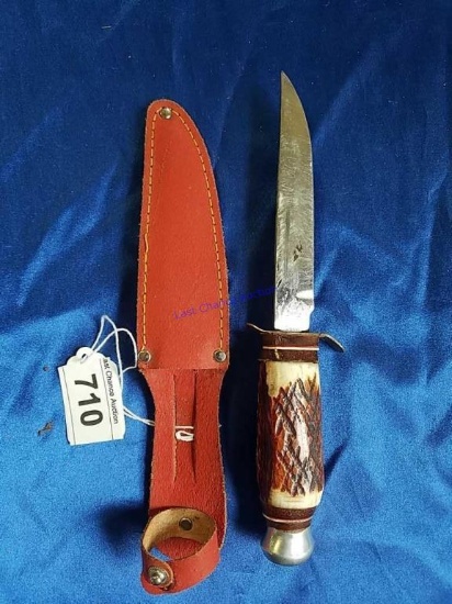 Antler Handle Knife in Red Sheath