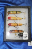 Display of 5 Antique Weller Fishing Lures