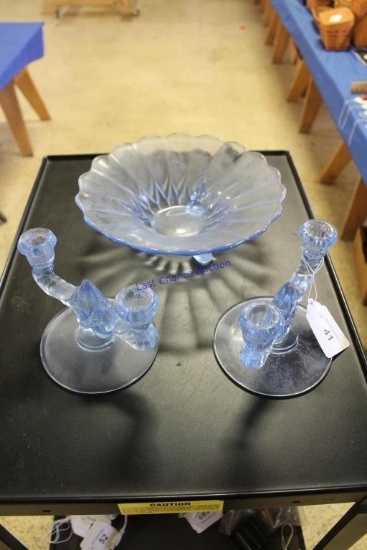 Unkown Blue Glass Bowl and Candle Sticks