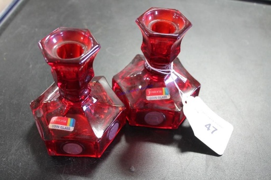 Fostoria Red Coin Glass Candle Holders