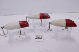 Lot of 3 Red&White Topwater Wood Lures