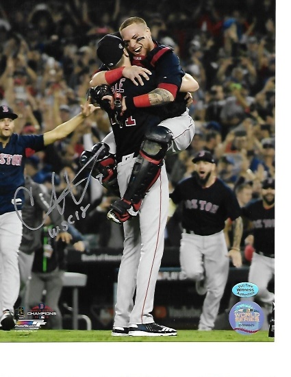Christian Vazquez Boston Red Sox Autographed 8x10 WS Hug Photo Insc "WSC 18" w/Full Time coa