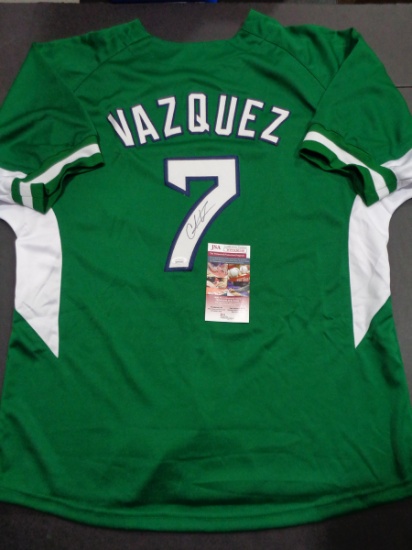 Christian Vazquez Boston Red Sox Autographed Custom Green Jersey w/Full Time & JSA W coa