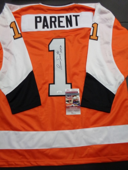 Bernie Parent Philadelpha Flyers Autographed Custom Orange Jersey w/JSA W coa