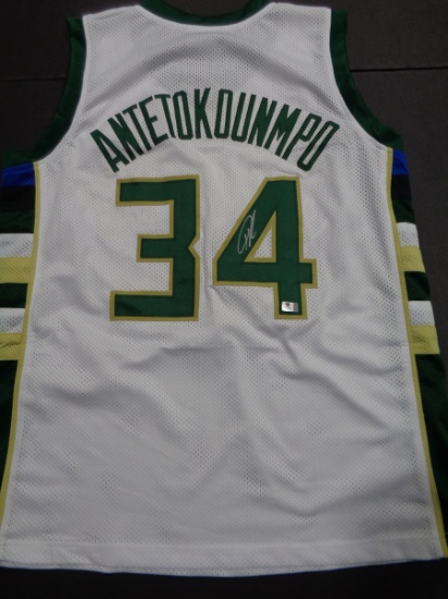 Giannis Antetokounmpo Milwaukee Bucks Custom Road White Basketball Style Jersey w/GA coa