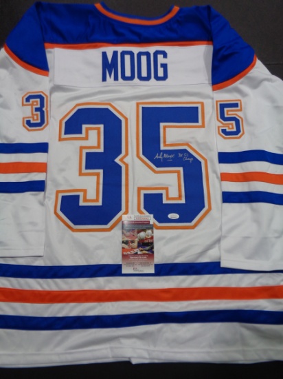 Andy Moog Edmonton Oilers Autographed Custom Road White Hockey Style Jersey w/JSA W coa