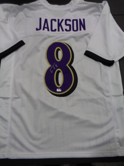 Lamar Jackson Baltimore Ravens Autographed Custom White Football Style Jersey w/GA coa