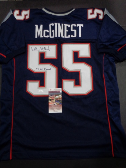 Willie McGinest NE Patriots Autographed & Inscribed Custom Blue Jersey w/JSA W coa