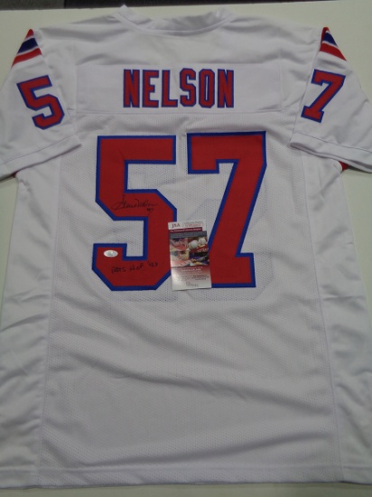 Steve Nelson New England Patriots Autographed & Inscribed Custom Football Jersey JSA W coa