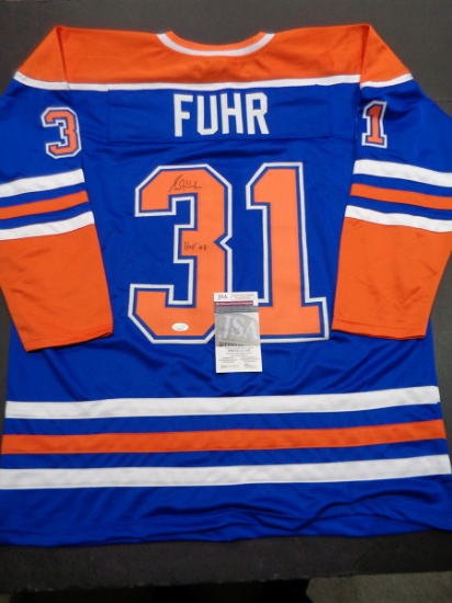 Grant Fuhr Edmonton Oilers Autographed & Inscribed Custom Hockey Jersey JSA W coa