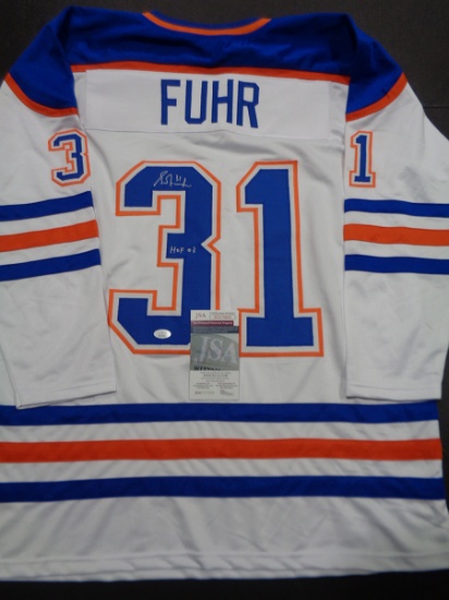 Grant Fuhr Edmonton Oilers Autographed & Inscribed Custom Hockey Jersey JSA W coa