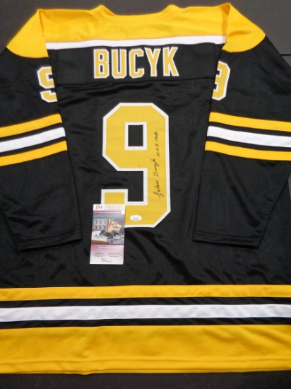 Johnny Bucyk Boston Bruins Autographed & Inscribed Custom Hockey Jersey JSA W coa