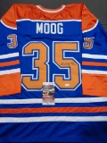 Andy Moog Edmonton Oilers Autographed & Inscribed Custom Hockey Jersey JSA W coa