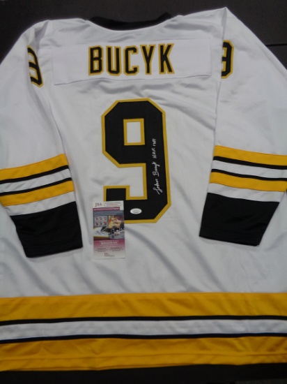 John Bucyk Autographed Signed Boston Bruins Throwback Jersey Inscribed HOF  1981 (Beckett))