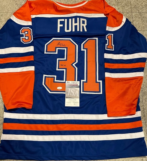 Grant Fuhr Edmonton Oilers Autographed & Inscribed Custom Hockey Jersey JSA W coa