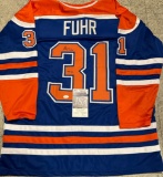 Grant Fuhr Edmonton Oilers Autographed & Inscribed Custom Hockey Jersey JSA W coa
