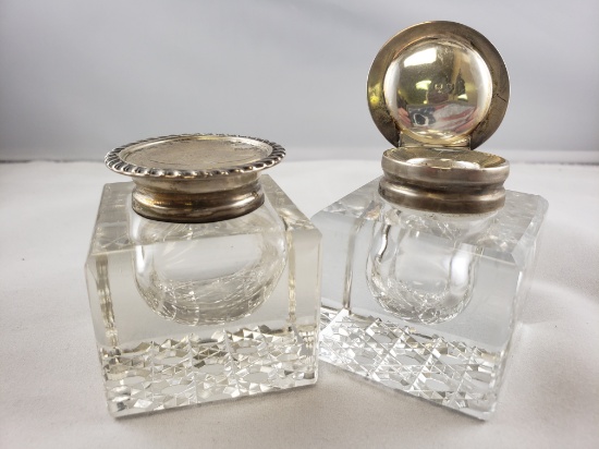 Matching Pair of Vintage Inkwells with Sterling Silver Tops