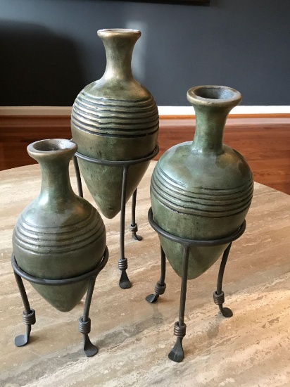Pottery Urns Set of 3 w/Metal Stand
