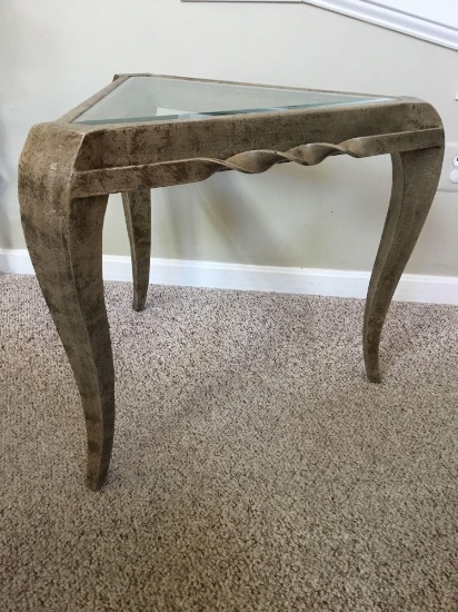 Unusual Glass top triangle metal table