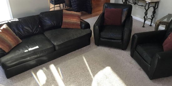 3 piece Set, Black leather Love seat and 2 chairs