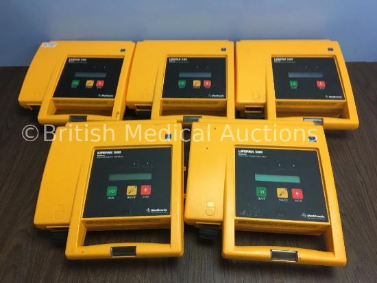 5 x Medtronic Physio-Control Lifepak 500 Biphasic Automated External Defibrillators with 5 x Flat