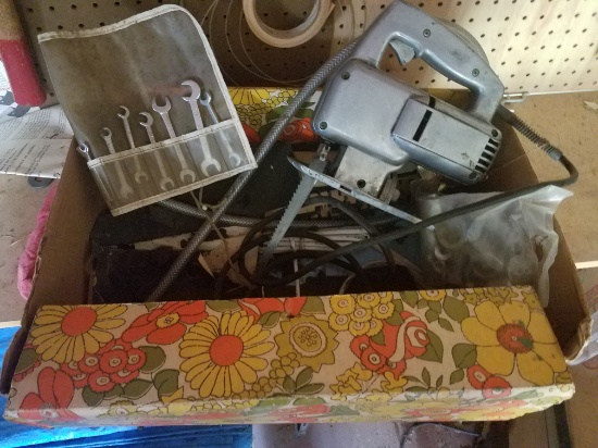 box lot of tools, wrenches, saw, bolts and nuts