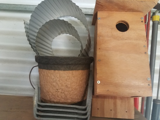 bird house, planter and brackets