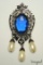 Vintage Blue Glass Brooch With Dangles