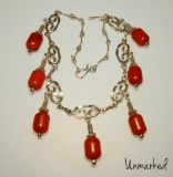 Nice Silver Tone and Cinnabar Colored Bead Necklace