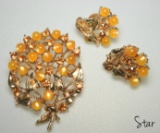 Vintage Star Gold Moonstone Bead Brooch and Earring Set
