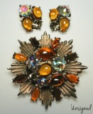 Stunning Honey, Amber and Smoke Stone Brooch and Earring Set