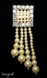 Vintage Rhinestone and Pearl Bead Dangle Brooch