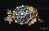 Lovely Vintage Blue Rhinestone Floral Brooch