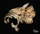 Vintage Hobe Gold Tone and Rhinestone Floral Brooch