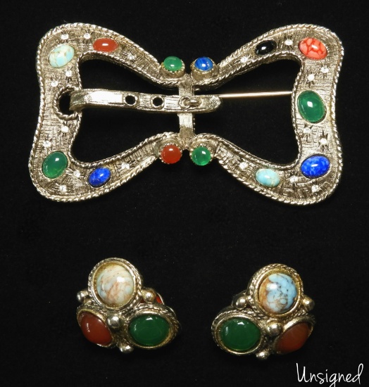 Vintage Buckle Brooch and Earrings