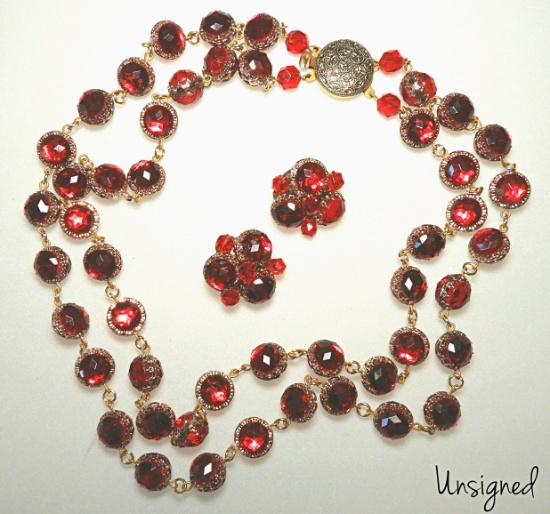 Vintage Red Bead Necklace and Earring Set
