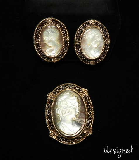 Vintage Cameo Brooch and Earring Set