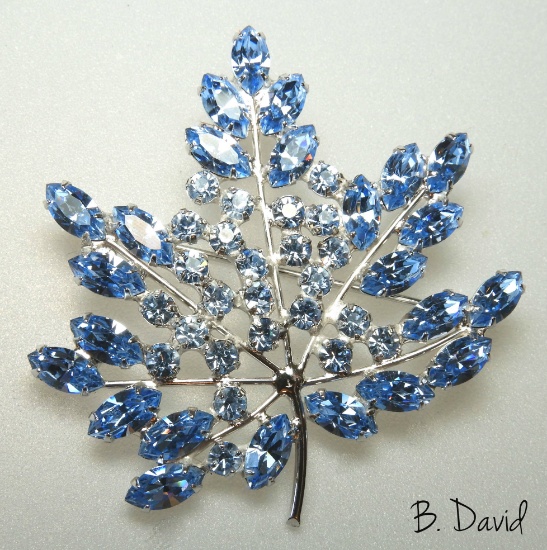 Vintage B. David Blue Rhinestone Leaf Brooch