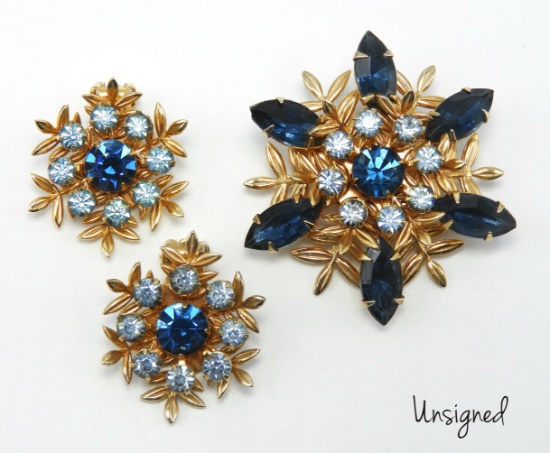 Vintage Snow Flake Blue Rhinestone Brooch and Earrings