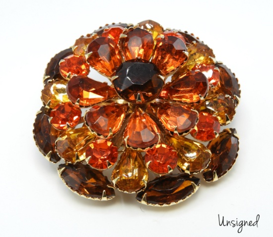 Vintage Orange, Amber and Topaz Rhinestone Brooch