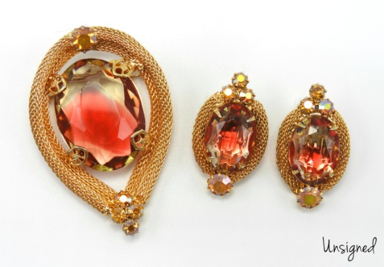 Vintage Mesh and Bi-Color Stone Brooch and Earring Set
