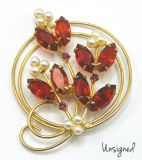 Vintage Gold Tone and Red Rhinestone Brooch