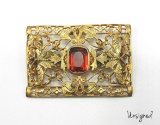 Antique Gold Plated Rectangular Brooch With Red Glass Stone