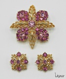 Vintage Lisner Pink Rhinestone Brooch and Earring Set