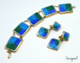 Vintage Blue and Green Enameled Bracelet and Earring Set