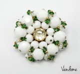 Vintage Vendome Green Crystal and Milk Glass Brooch